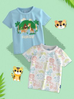 Nautinati - Boys Blue-White Graphic Printed Half Sleeves Round Neck T-Shirt (Pack of 2)