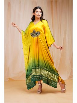 Farha Syed - Hand Embroidered Modal Satin Silk Kaftan Dress - Bright Yellow