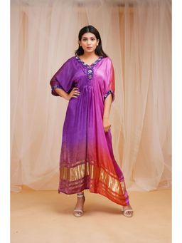 Farha Syed - Hand Embroidered Modal Satin Silk Kaftan Dress - Lavender