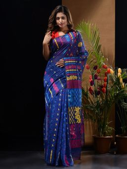 CHARUKRITI - Blue Handwoven Saree with Multicolour Floral Designs & Motifs