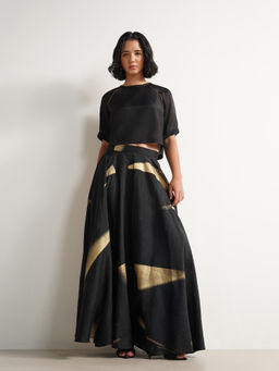 Pink Fort - Silk Blend Geometric Print Cropped V-Neck Top And Flared Skirt