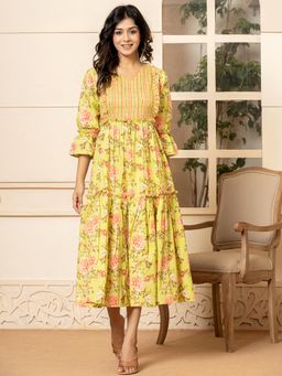 Yufta - Green Cotton Floral Print Tiered Ruffles Dress