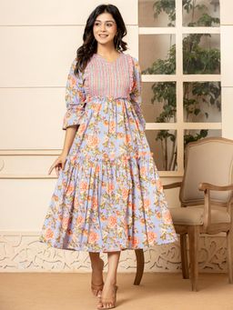 Yufta - Lavender Cotton Floral Print Tiered Ruffles Dress