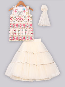 FREE SPARROW - Multi-Color Mirror Work Kurti with Tiered Lehenga & Dupatta (Set of 3)