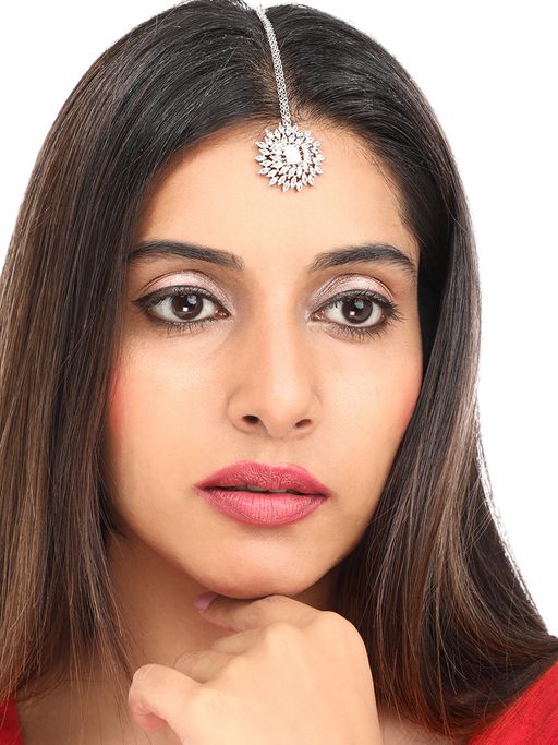 Yellow Chimes Women Silver-Plated American Diamond Studded Handcrafted Maang Tikka