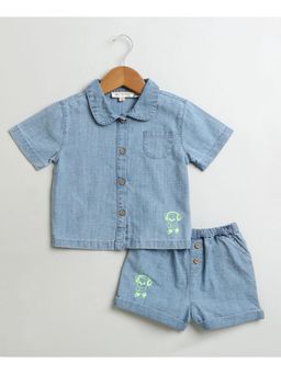 SWEETLIME BY AS - Blue Cotton Denim Shirt & Shorts Co-Ord (Set of 2)