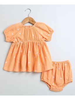 SWEETLIME BY AS - Orange Floral Embroidery Knee Length Dress with Bloomer (Set of 2)