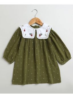 SWEETLIME BY AS - Peter Pan Collar Olive Green Cotton Knee Length Dress
