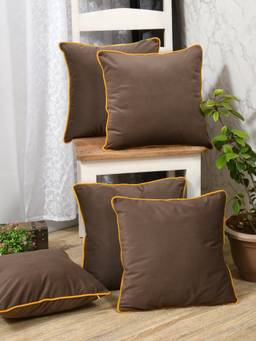 The Home Story - Velvet Cushion Covers Caramel Brown with Yellow Piping, Set of 5 (12x12 inches)