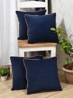 The Home Story - Velvet Cushion Covers Blue with Pink Piping, Set of 4 (12x12 inches)