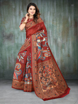 Shrithi Fashion Fab - Women Bollywood Styled Ajrakh Printed Cotton Blend Saree with Unstitched Blouse
