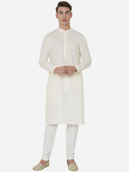 JadeBlue - Mens White 100% Cotton Regular Fit Self-textured Modi Kurta