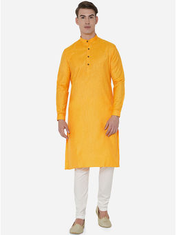 JadeBlue - Mens Mustard Yellow 100% Cotton Regular Fit Self-textured Modi Kurta