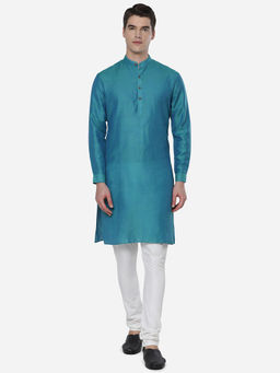 JadeBlue - Mens Solid Blue Cotton Full Sleeve Regular Fit Modi Kurta