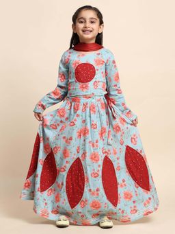 Maaesa - Girls Blue Floral Printed Lehenga with Choli & Dupatta (Set of 3)