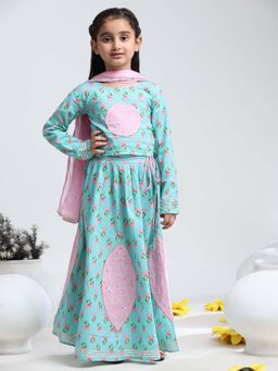 Maaesa - Girls Turquoise Floral Printed Lehenga with Choli & Dupatta (Set of 3)