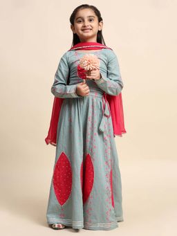 Maaesa - Girls Grey Floral Printed Lehenga with Choli & Dupatta (Set of 3)
