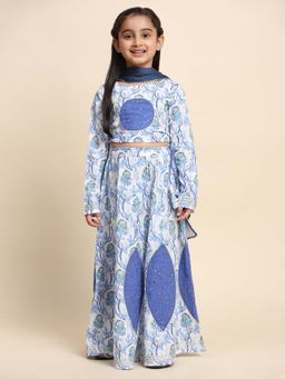 Maaesa - Girls Blue Floral Printed Lehenga with Choli & Dupatta (Set of 3)