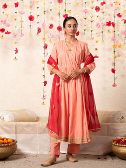 Maison Shefali - Peach Sorbet Angarkha Kurta (Set of 2)