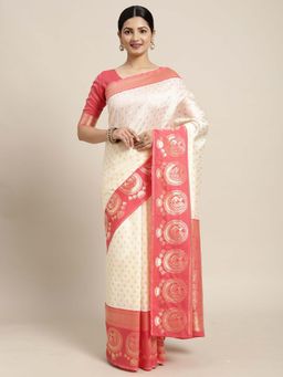 Akhilam - Women Silk Blend Off White Designer Saree with Unstitched Blouse