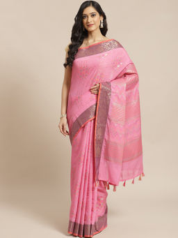 Indethnic - Banarasi Pink Woven Design Daily Wear Saree With Unstitched Blouse