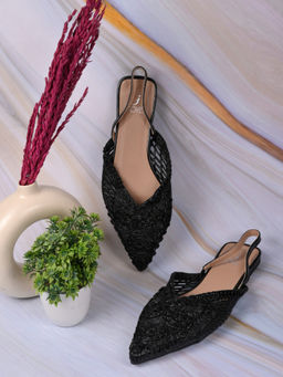 Jove - Women Black Woven Design Mules