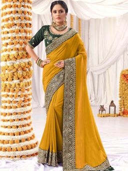 Odette - Mahotsav Womens Mustard Vichitra Silk Solid Saree with Unstitched Blouse