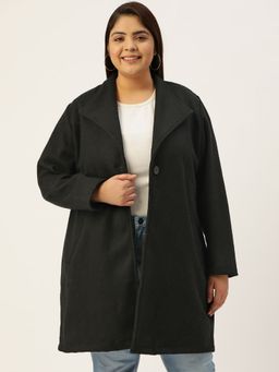 theRebelinme - Plus Size Women Black Solid Color Spread Collar Longline Jacket
