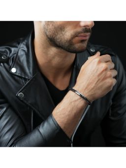 Police - Indy II Polished Stainless Steel & Black Leather Bracelet For Men