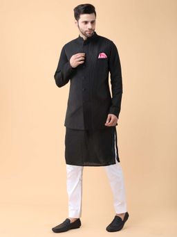 Manish Nagdeo - Panelled Black Kurta With Pant And Nehru Jacket