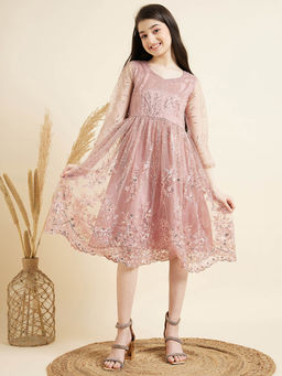 Cherry & Jerry - Peach A-Line Embroidered Knee Length Party Dress