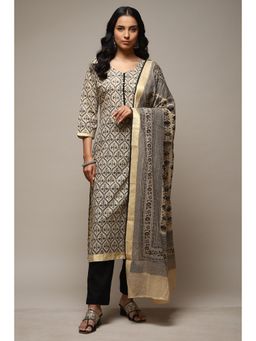Biba - Black Cotton Unstitched Suit (Set of 3)