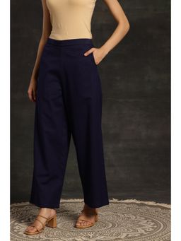 Libas - Navy Blue Solid Regular Cotton Palazzo