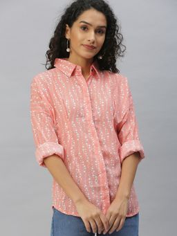 SHOWOFF - Women Slim Fit Kimono Sleeves Peach Polka Dots Shirt