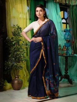 CHARUKRITI - Navy Blue Pure Cotton Handwoven Soft Saree With Floral Pallu with Unstitched Blouse