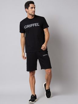 Griffel - Black Men Front Printed Logo Black Co-Ord (Set of 2)