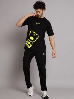 Griffel - Black Men Folk Teddy Print Black Co-Ord (Set of 2)