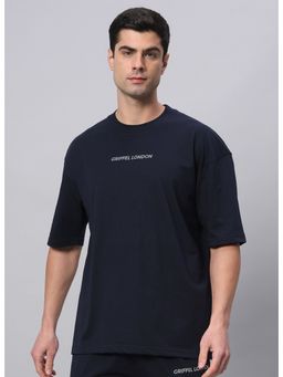 Griffel - Navy Blue Basic Logo Drop Shoulder Oversized Navy T-Shirt