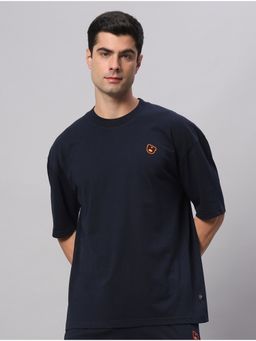 Griffel - Navy Blue Teddy Logo Drop Shoulder Oversized Navy T-Shirt