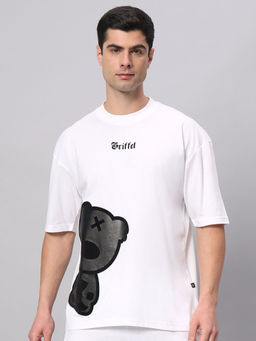 Griffel - White & Black Blackout Teddy Drop Shoulder Oversized T-Shirt