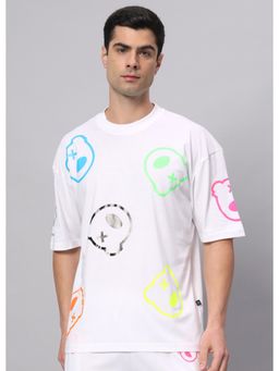 Griffel - White Teddy all over Drop Shoulder Oversized White T-Shirt