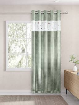 Haus & Kinder - Petal Plaids Embroidered Decorative Door Curtain 100% Cotton - Sage Green