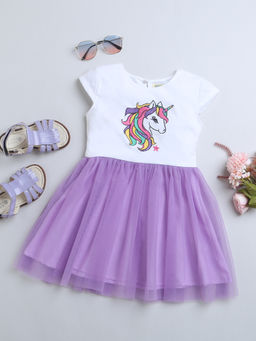 ZIP ZAP ZOOP - Purple & White Knee Length Dress with Unicorn Embroidery