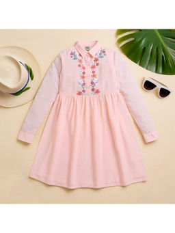 ZIP ZAP ZOOP - Peach Full Sleeve Collar Neck Embroidery Knee Length Dress