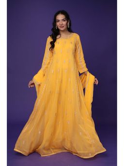 Zari Jaipur - Yellow Organza Ethnic Dress (Set of 2)