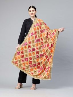 SWI STYLISH - Beige Heavy Embroidered Mirror Work Phulkari Dupatta
