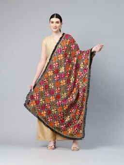 SWI STYLISH - Black and Multi Colour Heavy Embroidered Mirror Work Phulkari Dupatta
