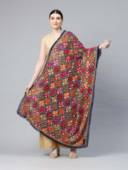 SWI STYLISH - Navy Blue and Multi Colour Heavy Embroidered Mirror Work Phulkari Dupatta