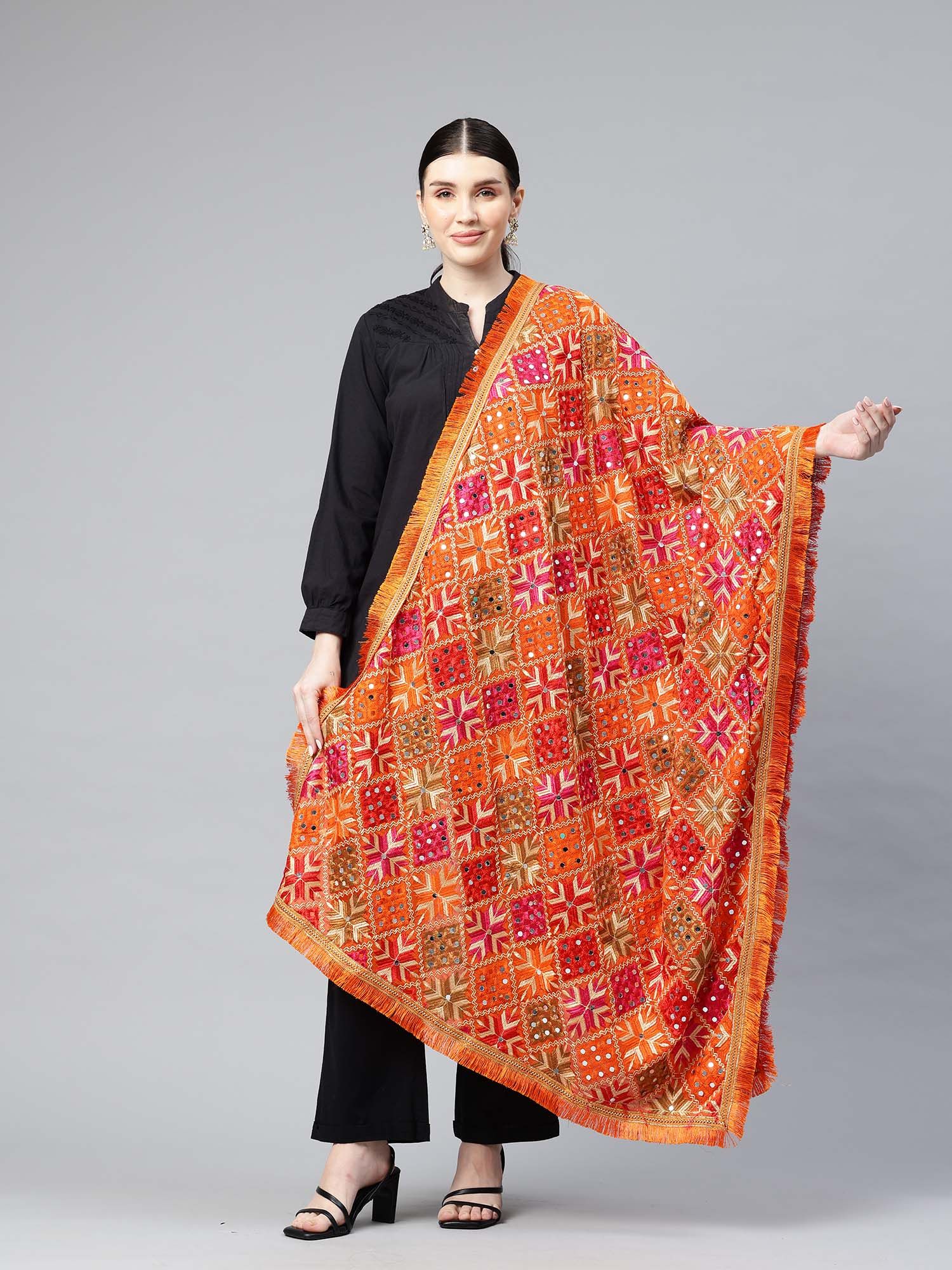 swi stylish Orange Heavy Embroidered Mirror Work Phulkari Dupatta-picture-19