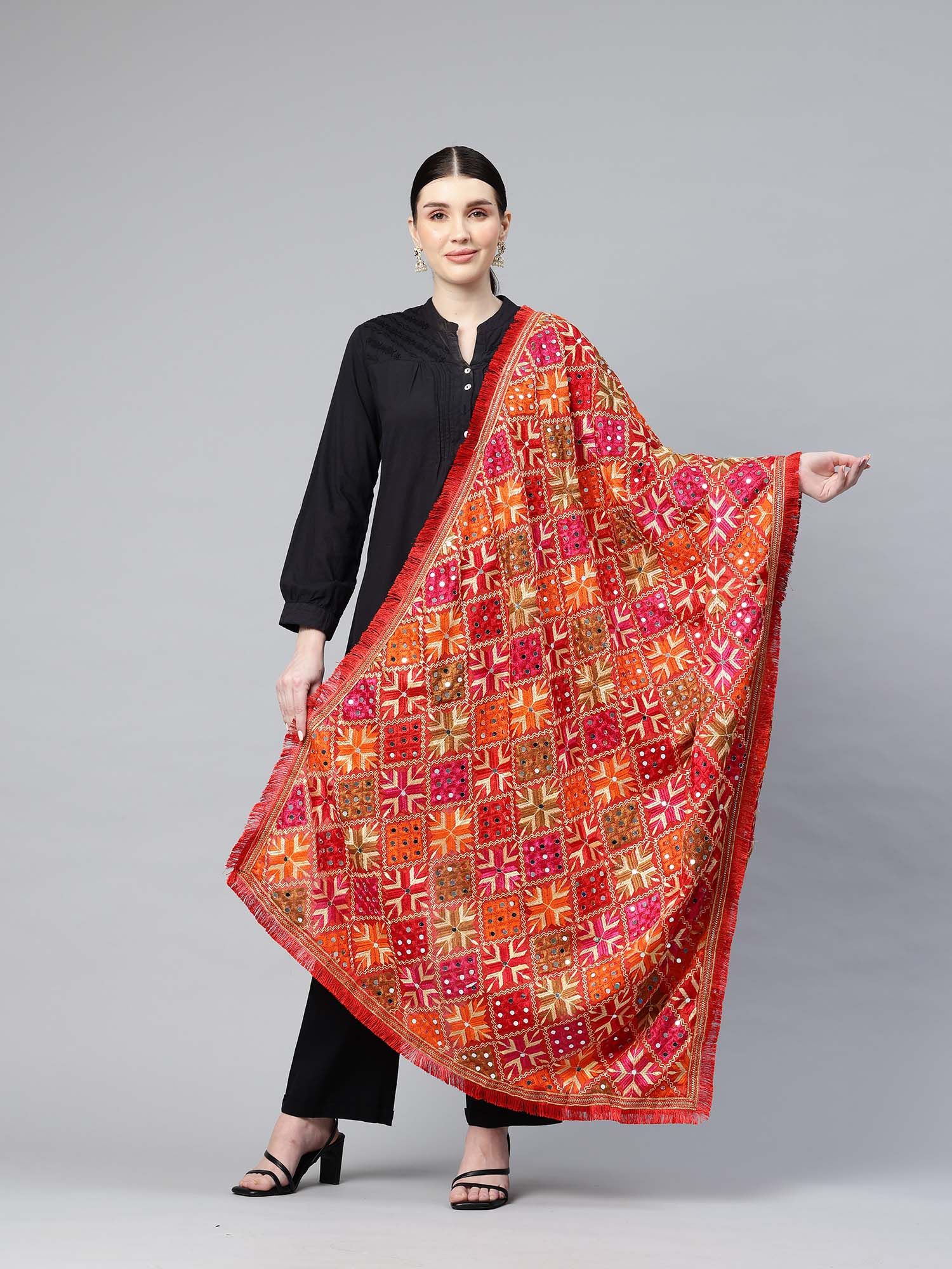 swi stylish Red Heavy Embroidered Mirror Work Phulkari Dupatta-picture-25